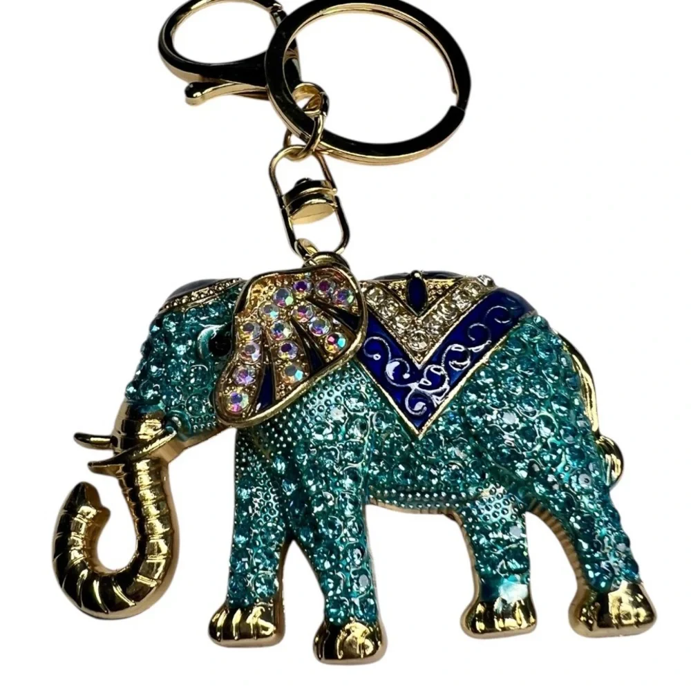 Purse Charm Keychain Teal Crystal Elephant with Gold Accents - Picture 1 of 2